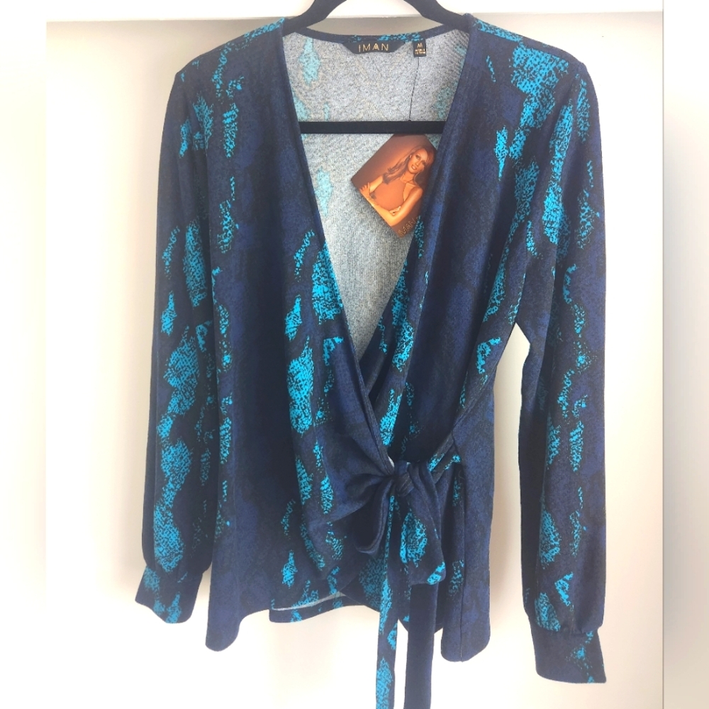 Iman Blue and Black Python Print Wrap Sweater Size Medium NWT